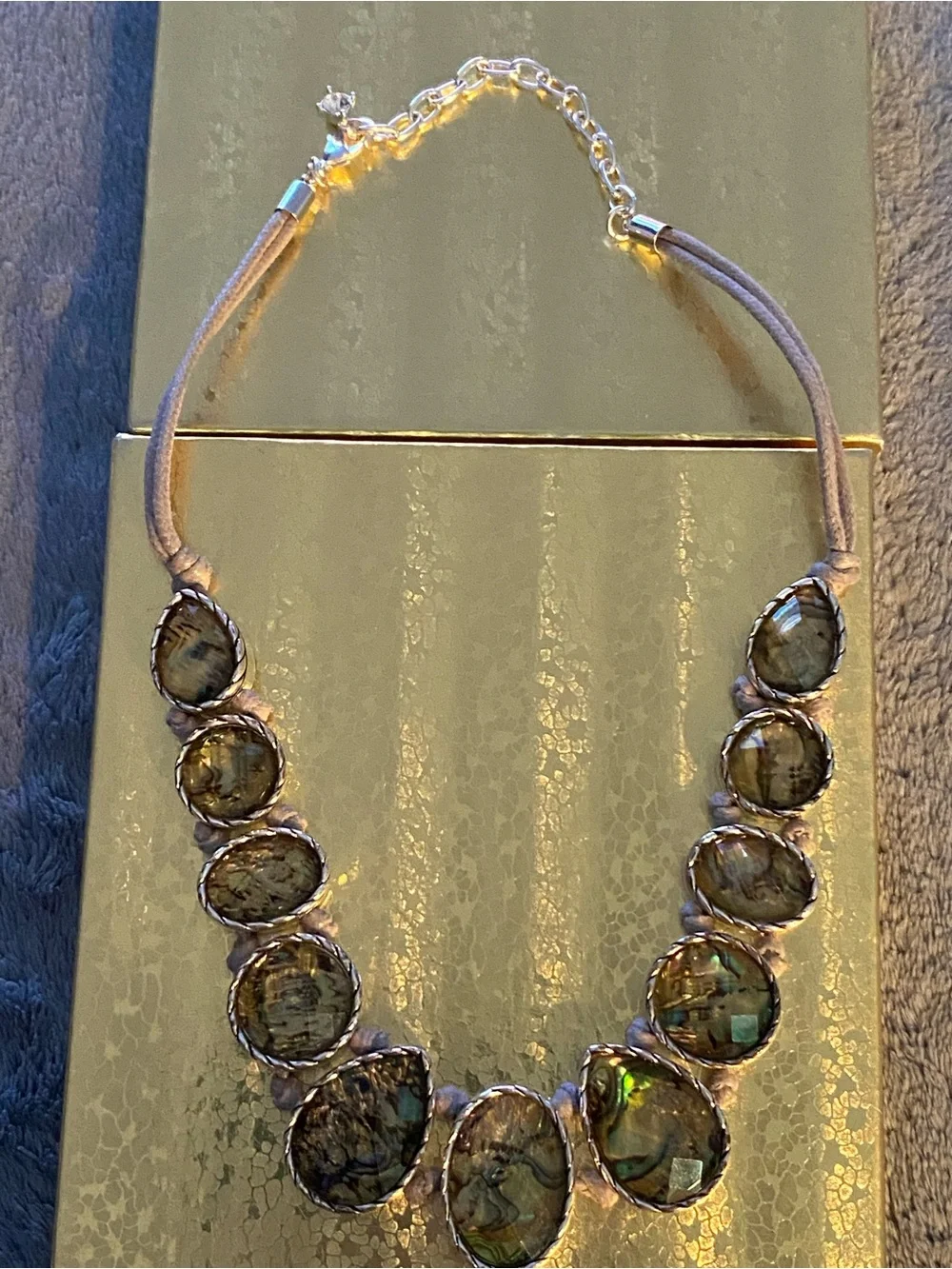 Abalone Shell Statement Necklace - Iridescent Green, Blue & Silver Corded